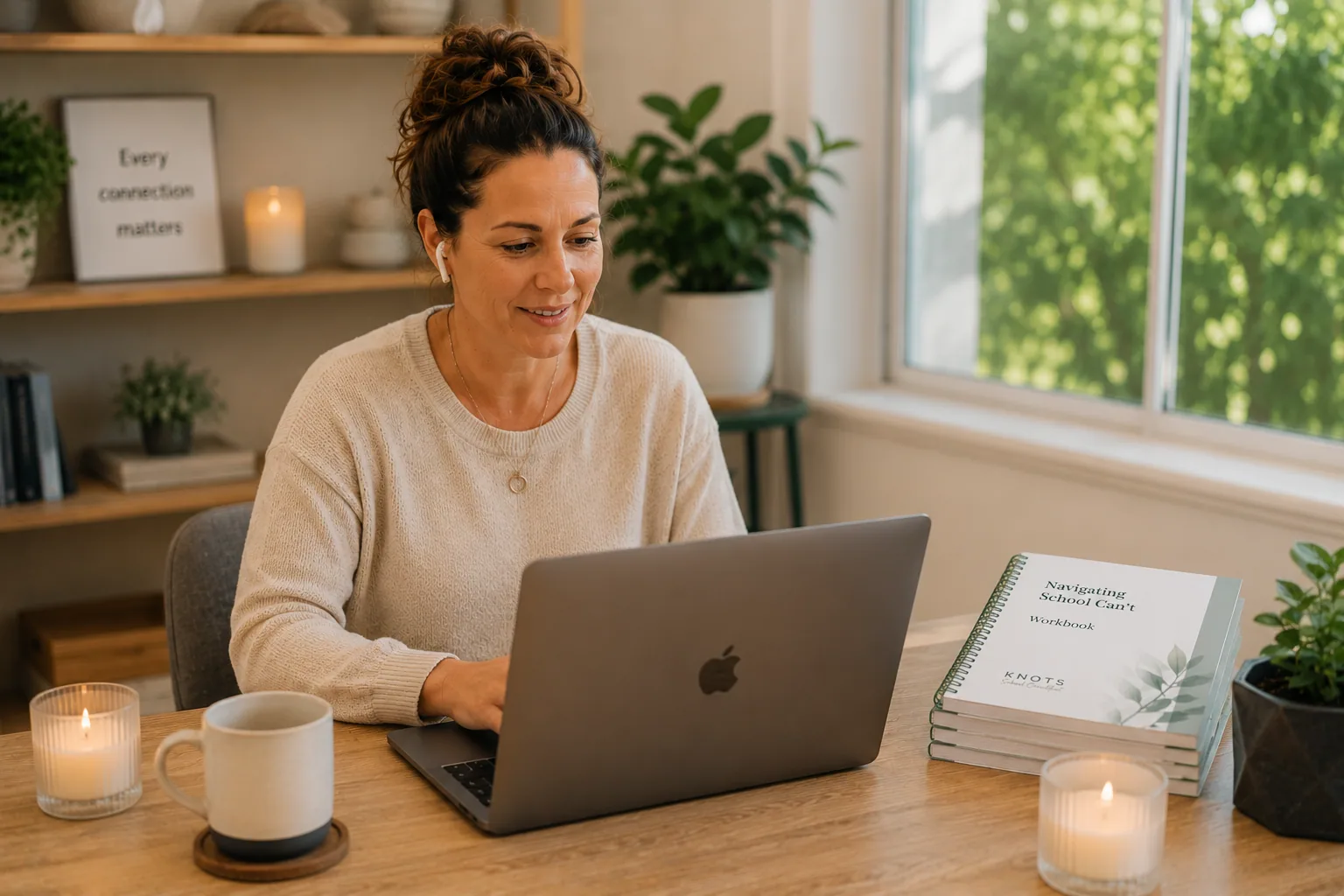 A practitioner taking notes during online training in a calm workspace