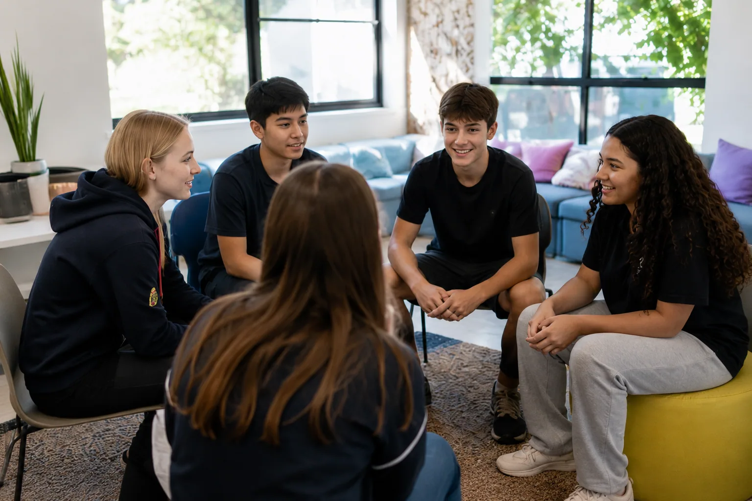 A small group of students talking together in a wellbeing space