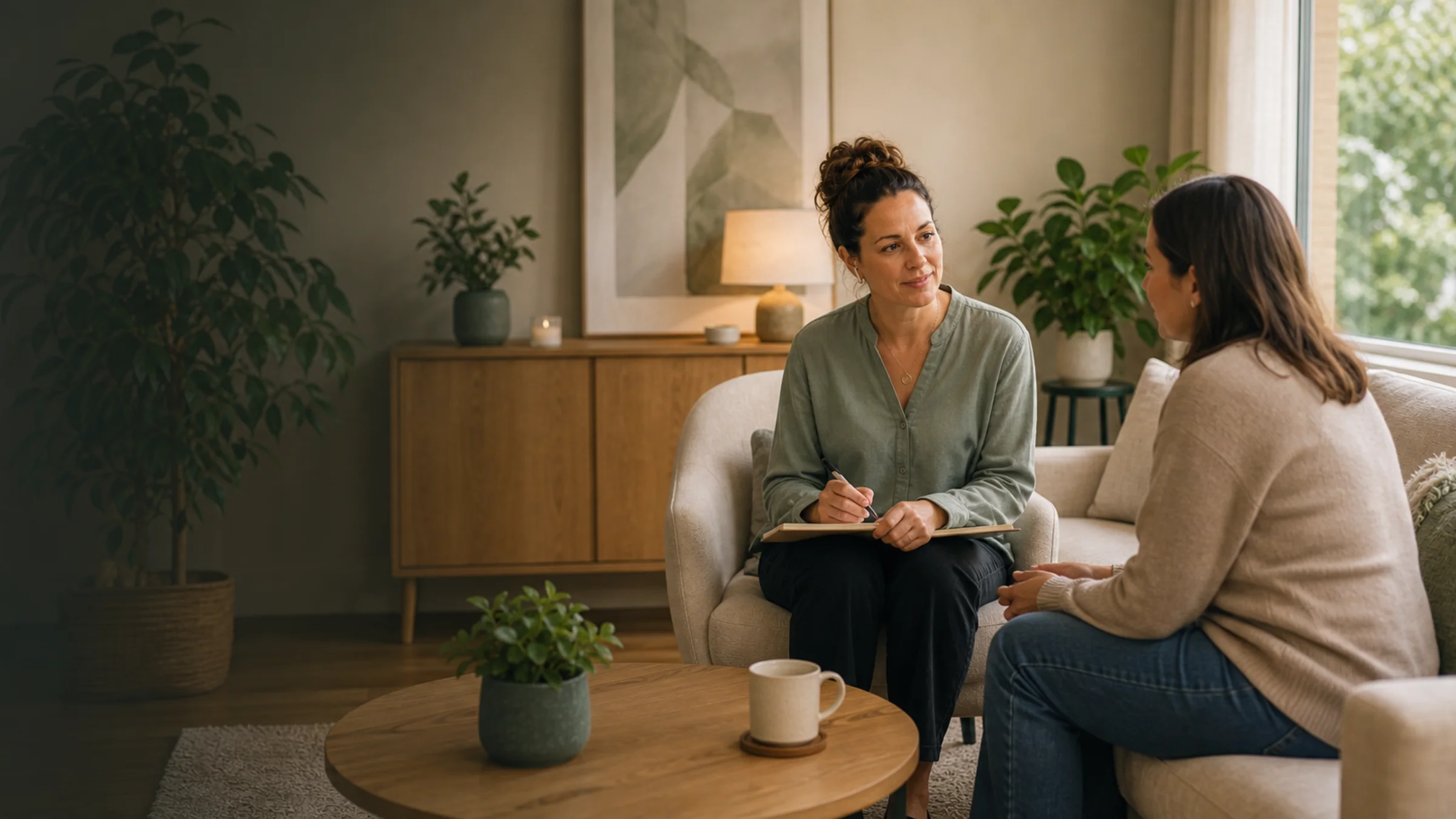 A parent speaking with a counsellor in a calm counselling room with warm daylight