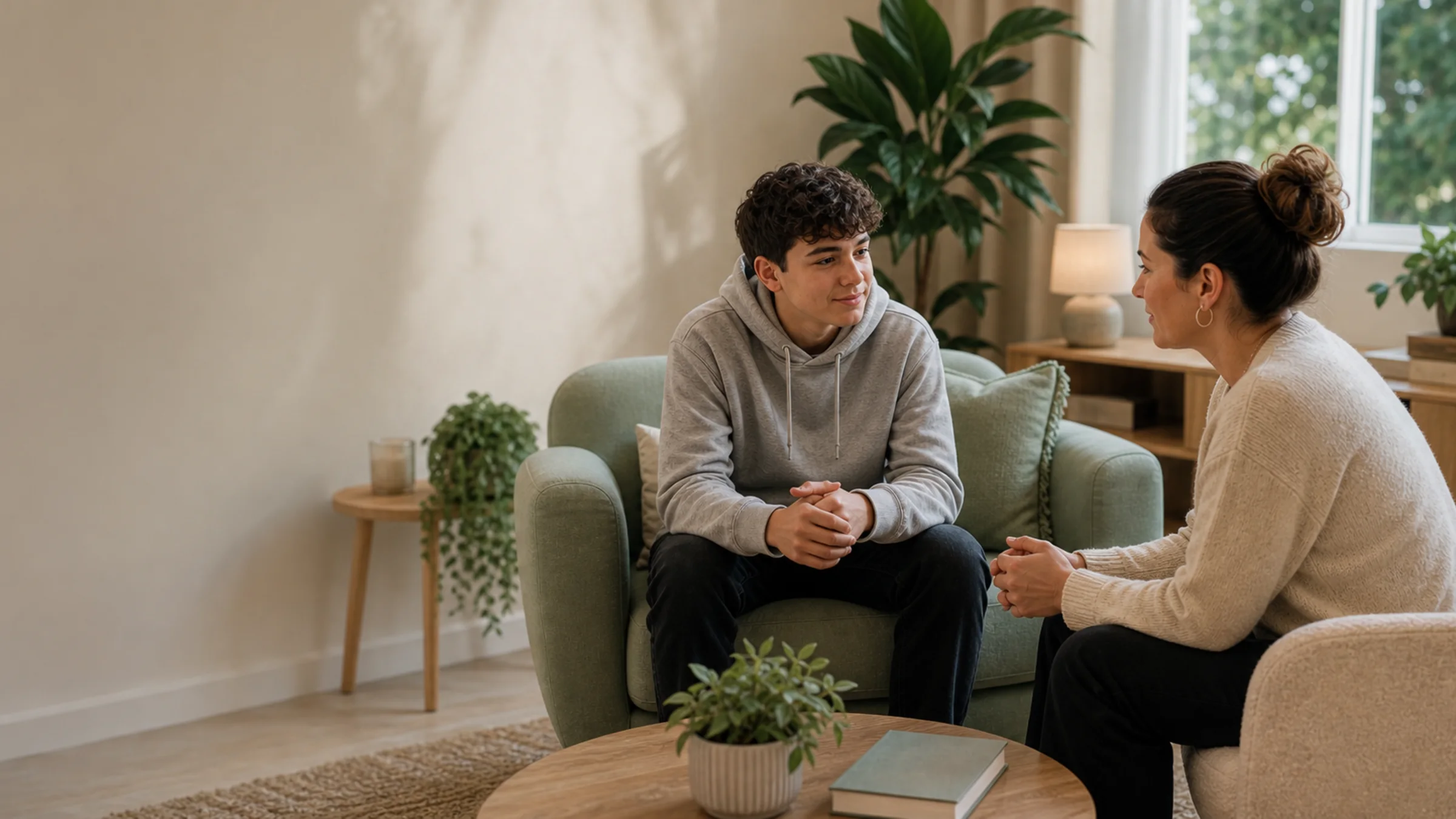 A teenager speaking with a counsellor in a calm youth support room